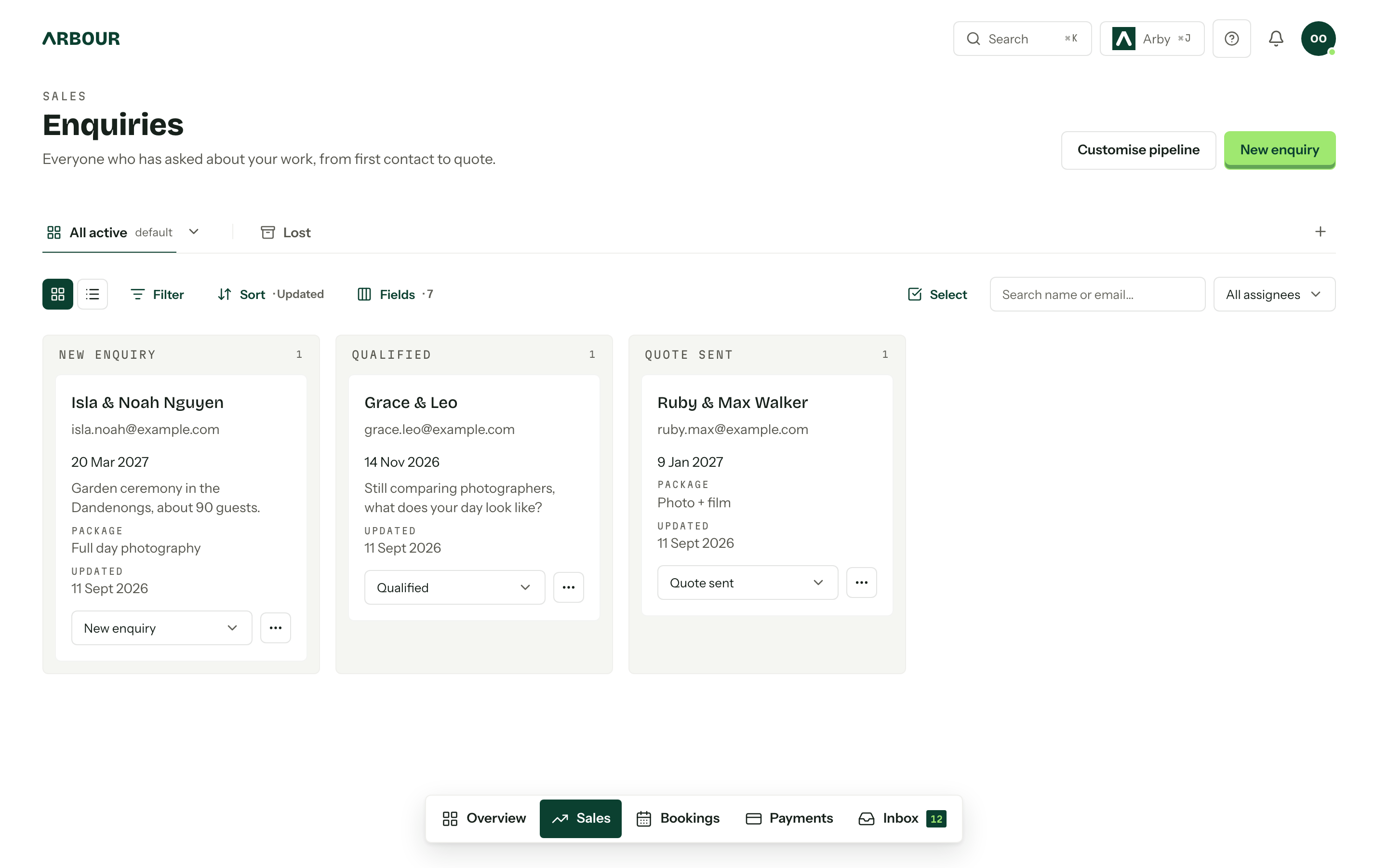 The enquiries board switching between board and list views, with each enquiry’s contact, event date and package kept together.